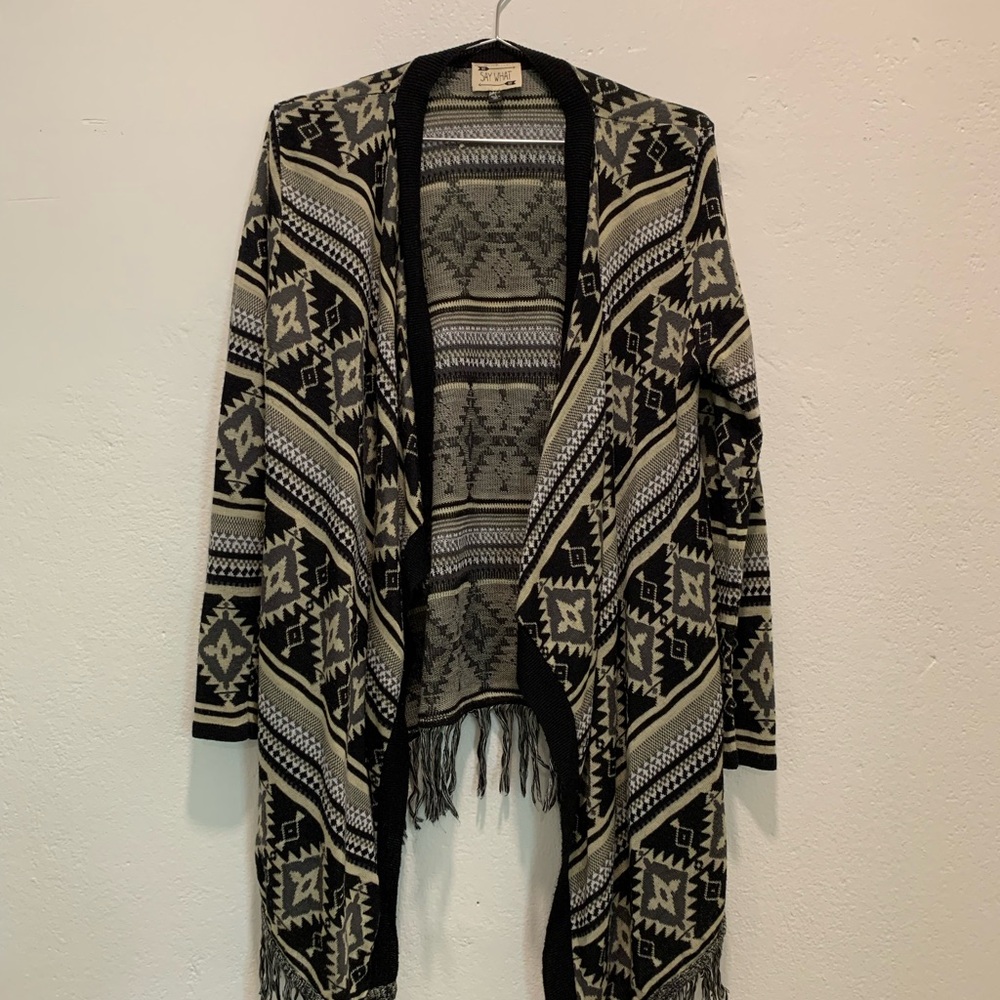 Say What? Black and Tan Geometric Cardigan Sweater